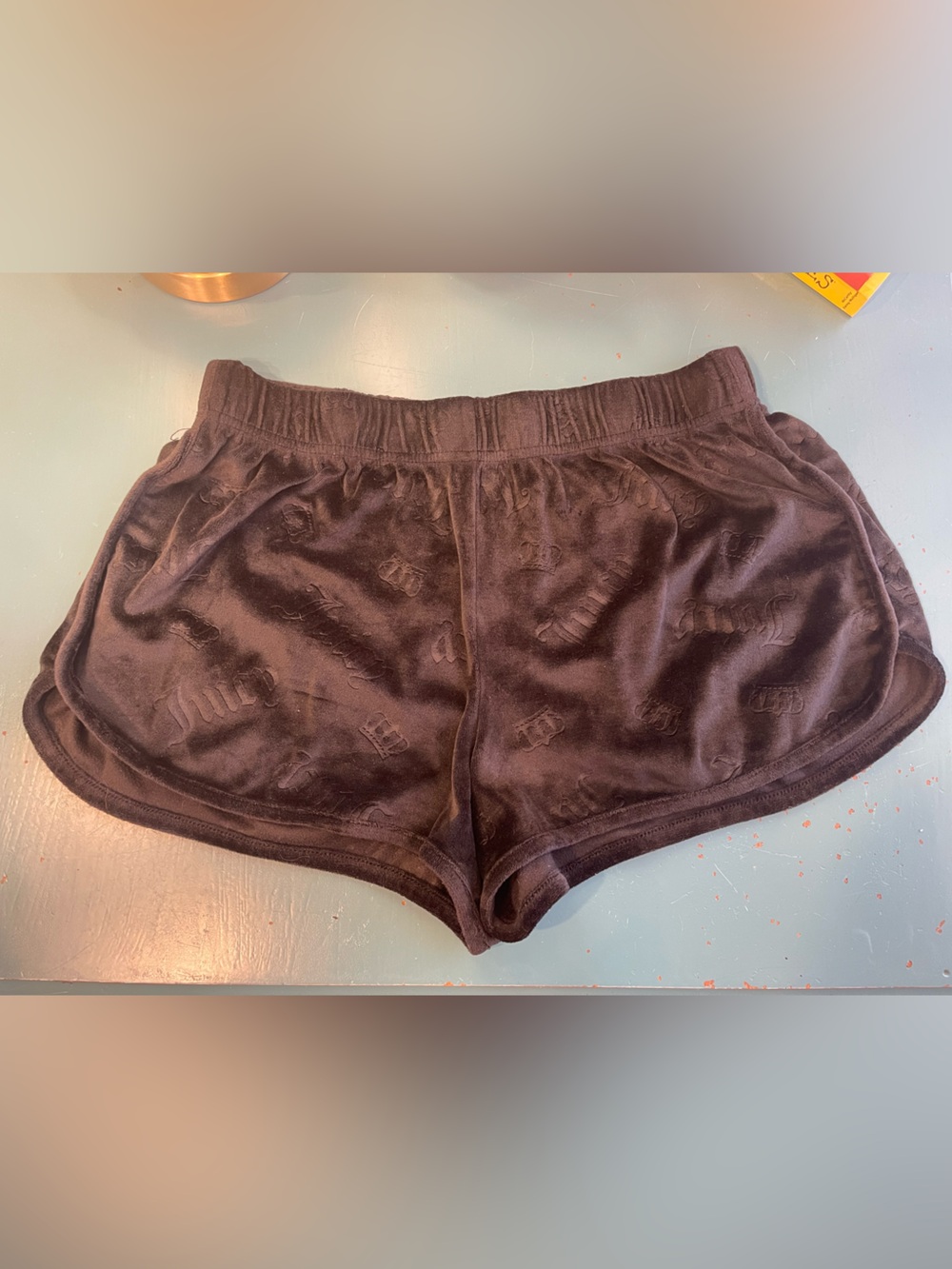 Juicy Couture Black Velour Shorts Medium Gothic Logo Embossed Sleepwear EUC